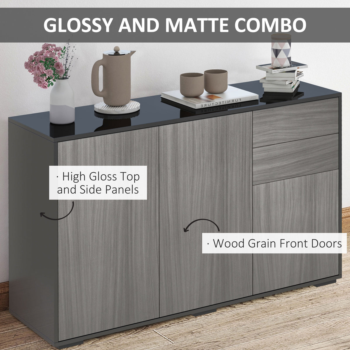 High Gloss Side Cabinet, Push-Open Design with 2 Drawers and 2 Cabinets for Living Room, 74H x 117W x 36Dcm