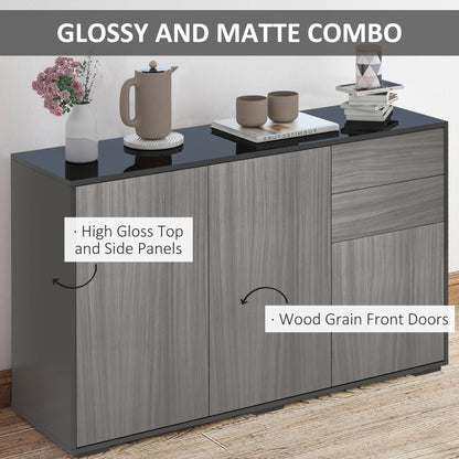 High Gloss Side Cabinet, Push-Open Design with 2 Drawers and 2 Cabinets for Living Room, 74H x 117W x 36Dcm