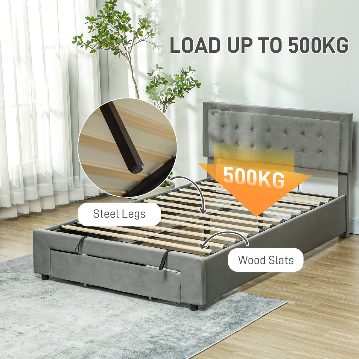 Double Size Ottoman Bed Frame 140W x 193.5D x 95Hcm with Front Drawer - Grey