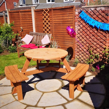 Wooden Garden Dining Set, 6 Seater Round Dining Picnic Table with Matching Bench, Garden Furniture Set with Parasol Hole for Outdoor Patio Party and Family Gatherings, Brownish Red