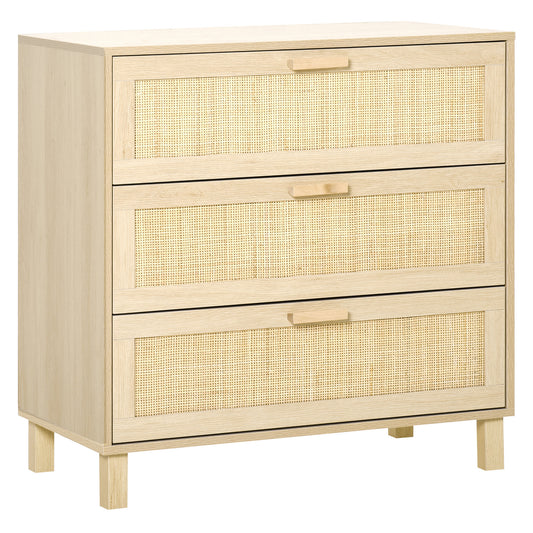 Rattan Bedroom Chest of Drawers, 3 Drawers Storage Unit, Boho Dresser for Living Room, Hallway, Natural