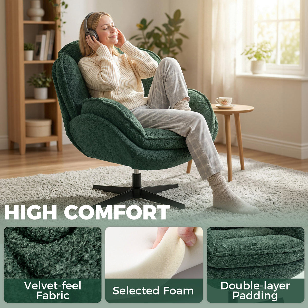 Modern Wingback Accent Chair, Velvet Armchair with Four-Star Base, S-Springs, Swivel