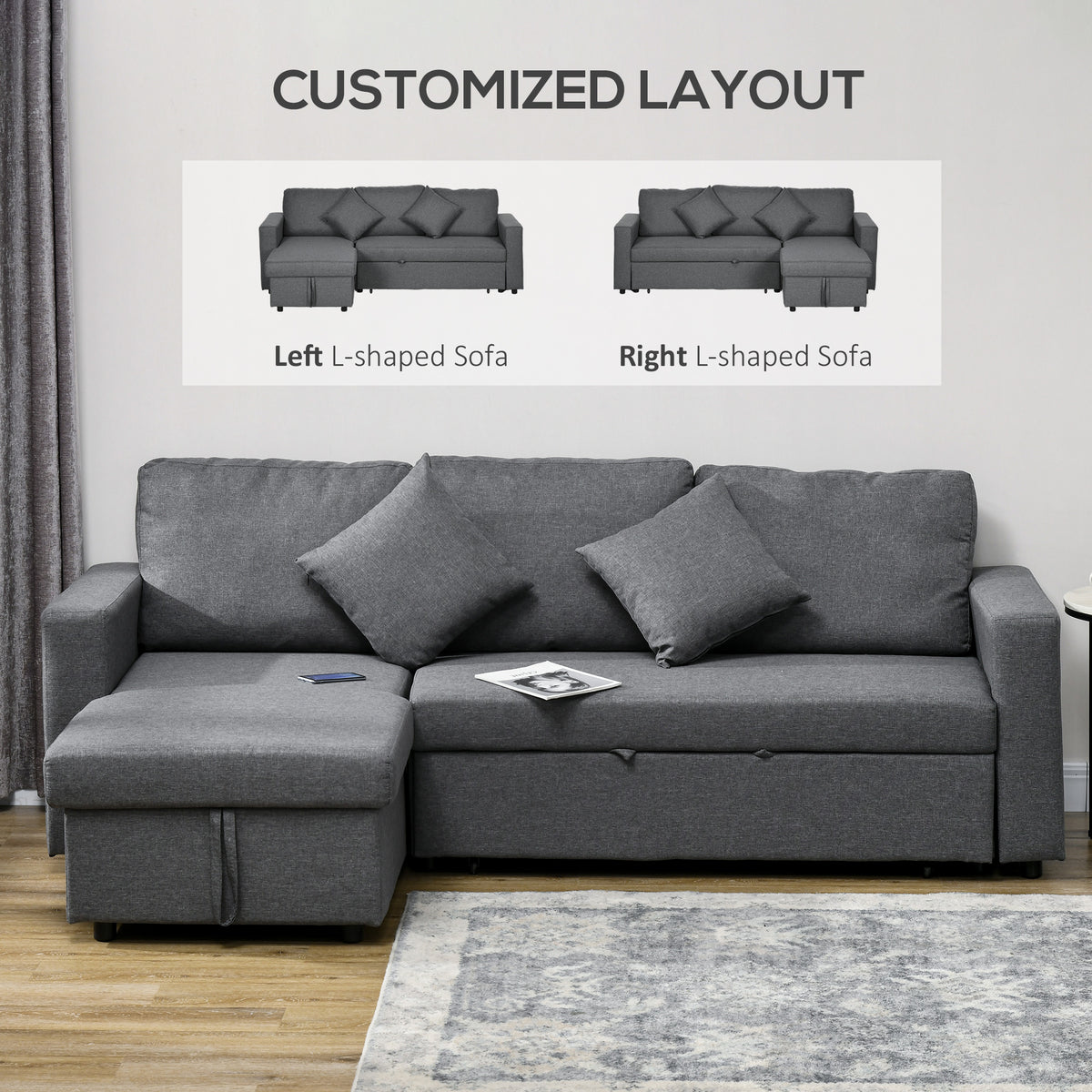 3 Seater Sofa Bed with Storage, Dark Grey