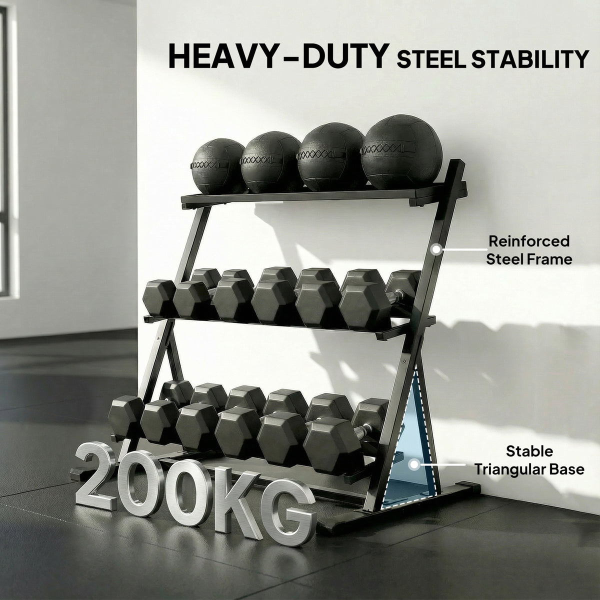 3-Tier Adjustable Dumbbell Rack, Heavy-Duty Weight Rack for Dumbbells, Kettlebells and Multiple Balls, Space-Saving Weight Storage Stand for Home Gym, 200 KG Capacity