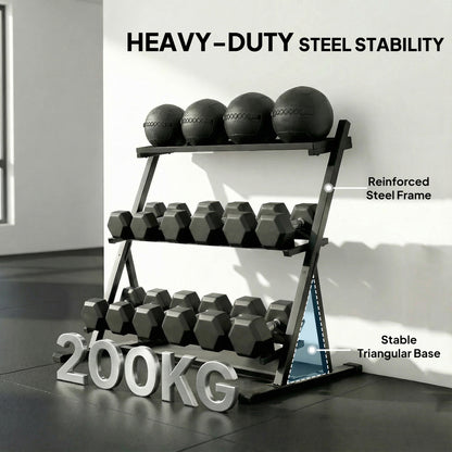 3-Tier Adjustable Dumbbell Rack, Heavy-Duty Weight Rack for Dumbbells, Kettlebells and Multiple Balls, Space-Saving Weight Storage Stand for Home Gym, 200 KG Capacity