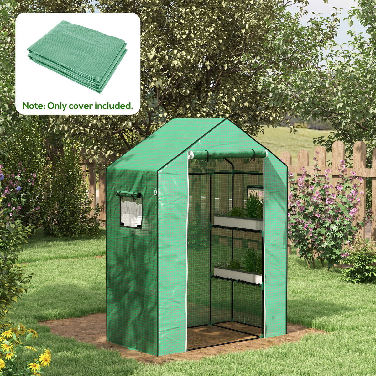 Greenhouse Cover Replacement Walk-in PE Hot House Cover with Roll-up Door and Windows, 140 x 73 x 190cm