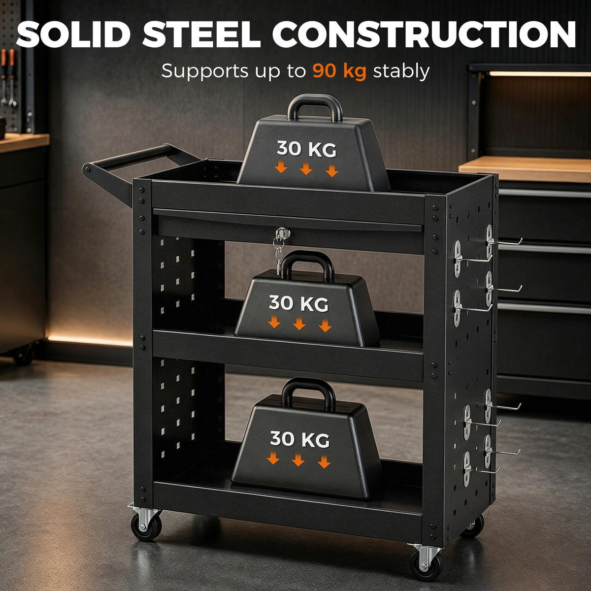 Tool Cart with Lockable Wheels, Rolling Workshop Cart with 3-Tier Trays, Drawer, Pegboards, Black