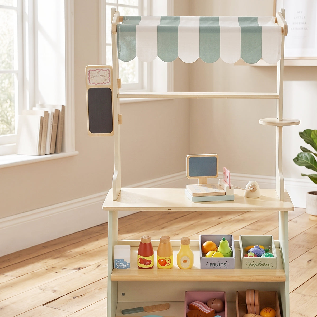 Wooden Toy Shop, Wooden Market Stall with Cash Register, Blackboard and Toy Food, 4 Storage Boxes, Ages 3+, Green