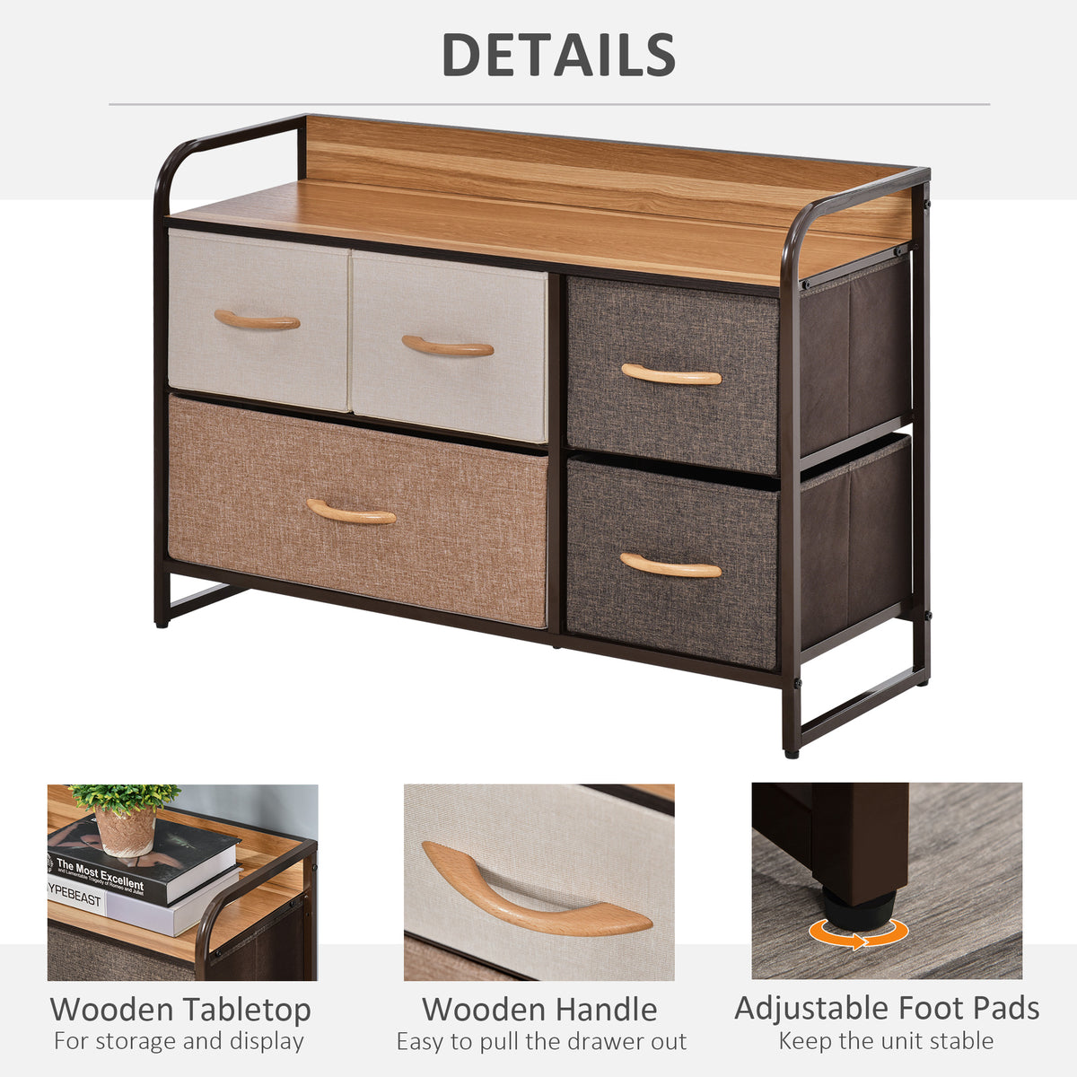 5-Drawer Dresser, 2-Tier Storage Organizer, Tower Unit for Bedroom Hallway Closets with Steel Frame Wooden Top