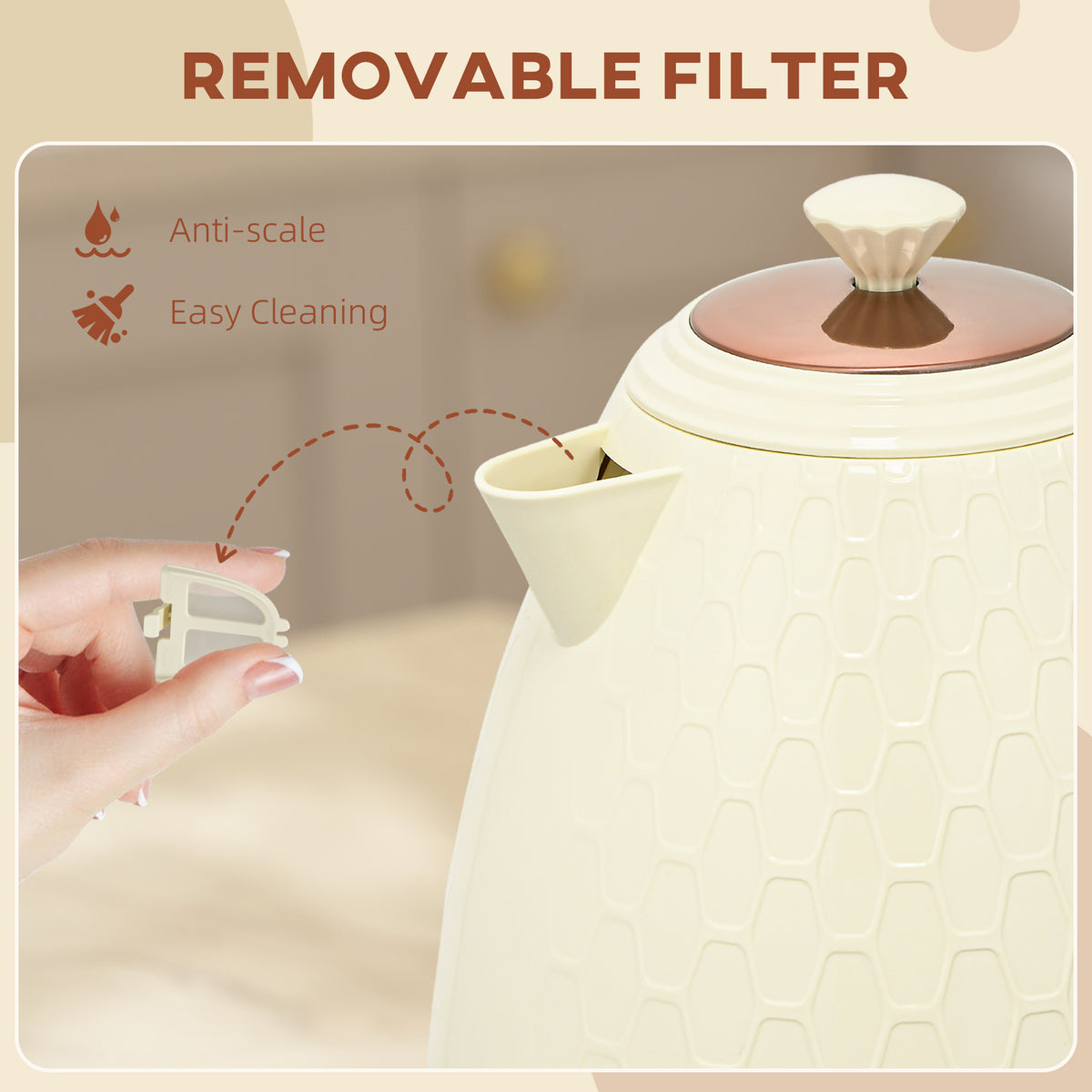 Electric Kettle, 1.7L, Fast Boil, 3000W Cordless Water Kettle with Removable Washable Anti-scale Filter