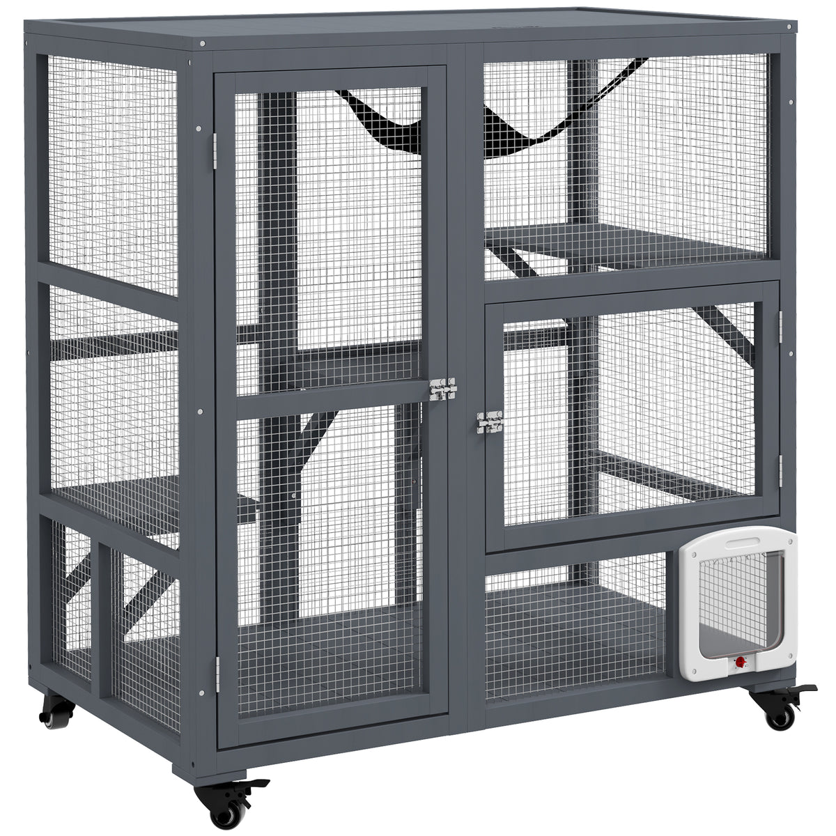 Cat House, Wooden Indoor Catio Cat Enclosure on Wheels, Wooden Kitty Cage with Platforms, Hammock, Light Grey