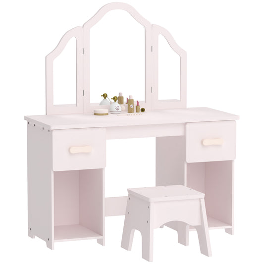 Kids Dressing Table, Kids Vanity Table and Chair Set with Tri-Folding Mirror, 2 Drawers, 2 Cabinets for Girls 3+, Pink