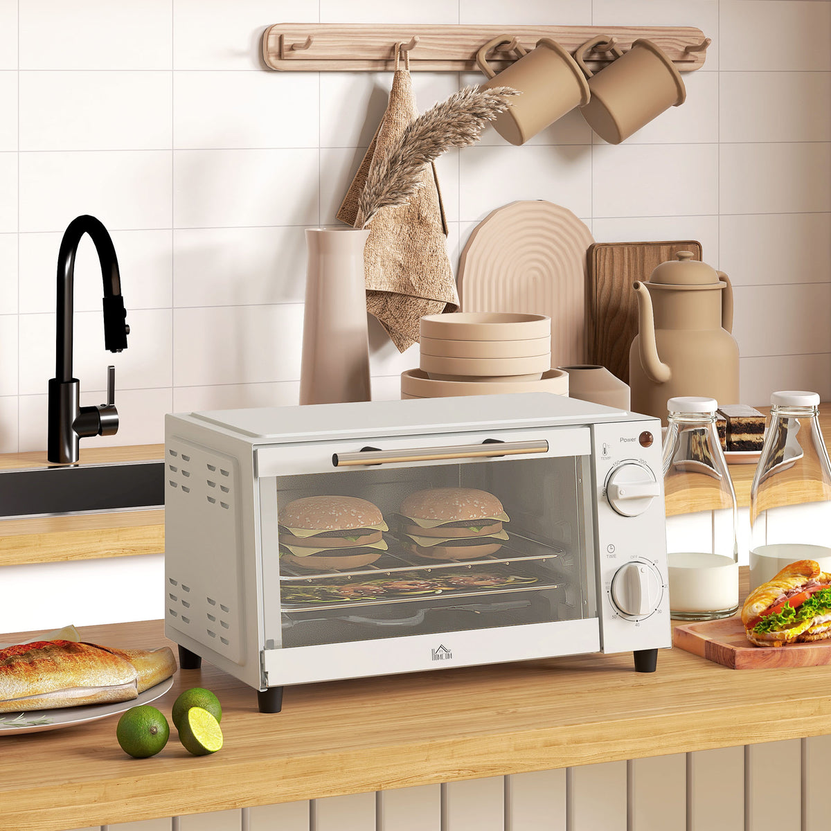Mini Oven, 9L Countertop Electric Grill, Toaster Oven with Adjustable Temperature, Timer, Dishwasher Safe Baking Tray and Wire Rack, 750W, Cream