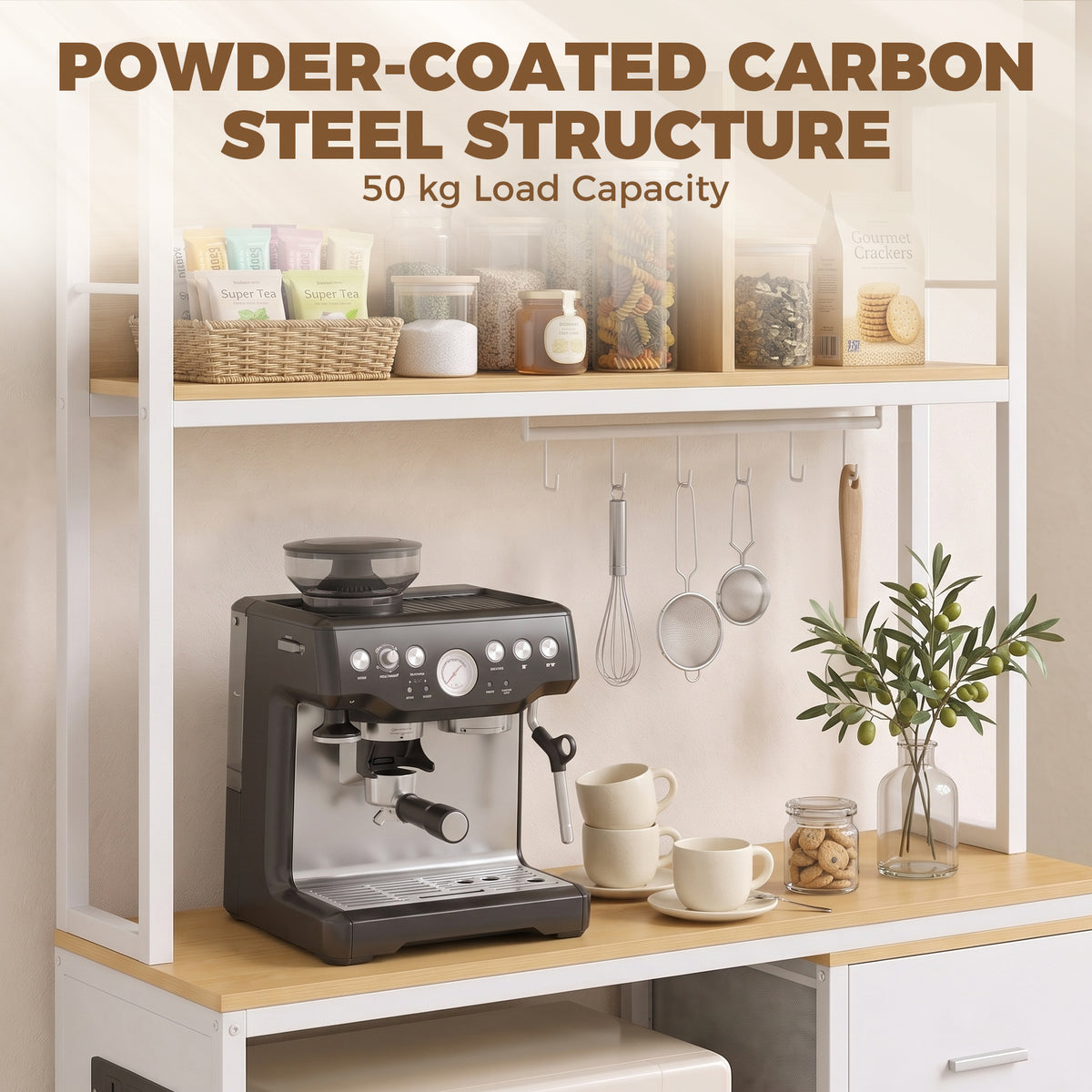 Kitchen Storage Rack with Power Outlet, USB and Type-C Ports, Drawer, Shelves and 4 Hooks, Oak and White