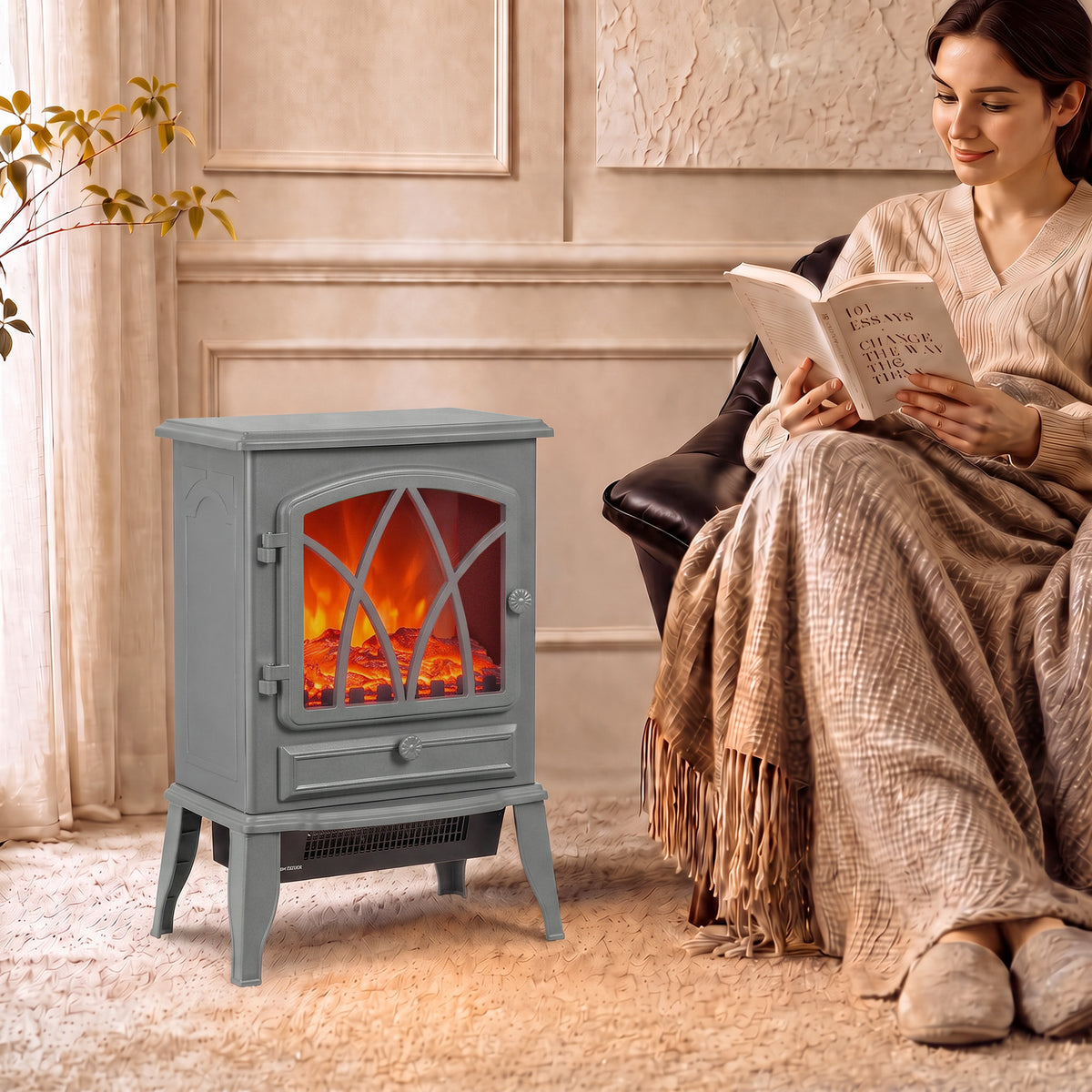 1kW-2kW Vintage Electric Fireplace Heater - Grey