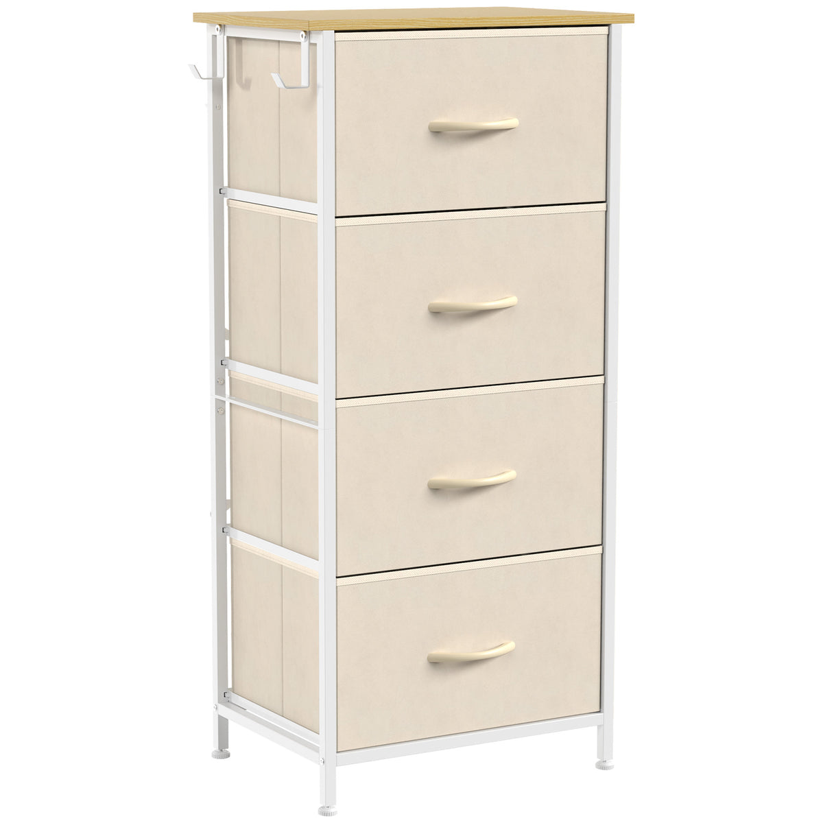 Chest of Drawers with 4 Fabric Drawers, Tall Storage Unit with 2 Hooks and Steel Frame for Bedroom, Beige