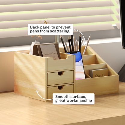 Desk Organiser Holder, Bamboo Multi-Function Storage Caddy with 7 Storage Compartments and 2 Drawers for Home Office Stationary Supplies, Natural Bamboo