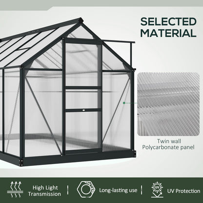 6 x 10ft Polycarbonate Greenhouse, Large Walk-In Green House with Slide Door and Window, Garden Plants Grow House with Aluminium Frame and Foundation, Grey