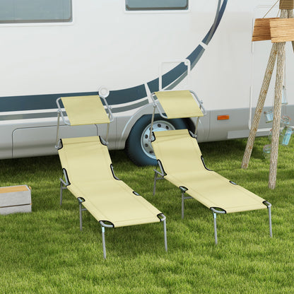 Folding Sun Lounger Set of 2 with Canopy, Reclining Sunbed with 4-Position Adjustable Backrest, 600D Oxford Cloth, Portable Garden Lounger Recliner Chair for Beach, Camping, Patio, Beige