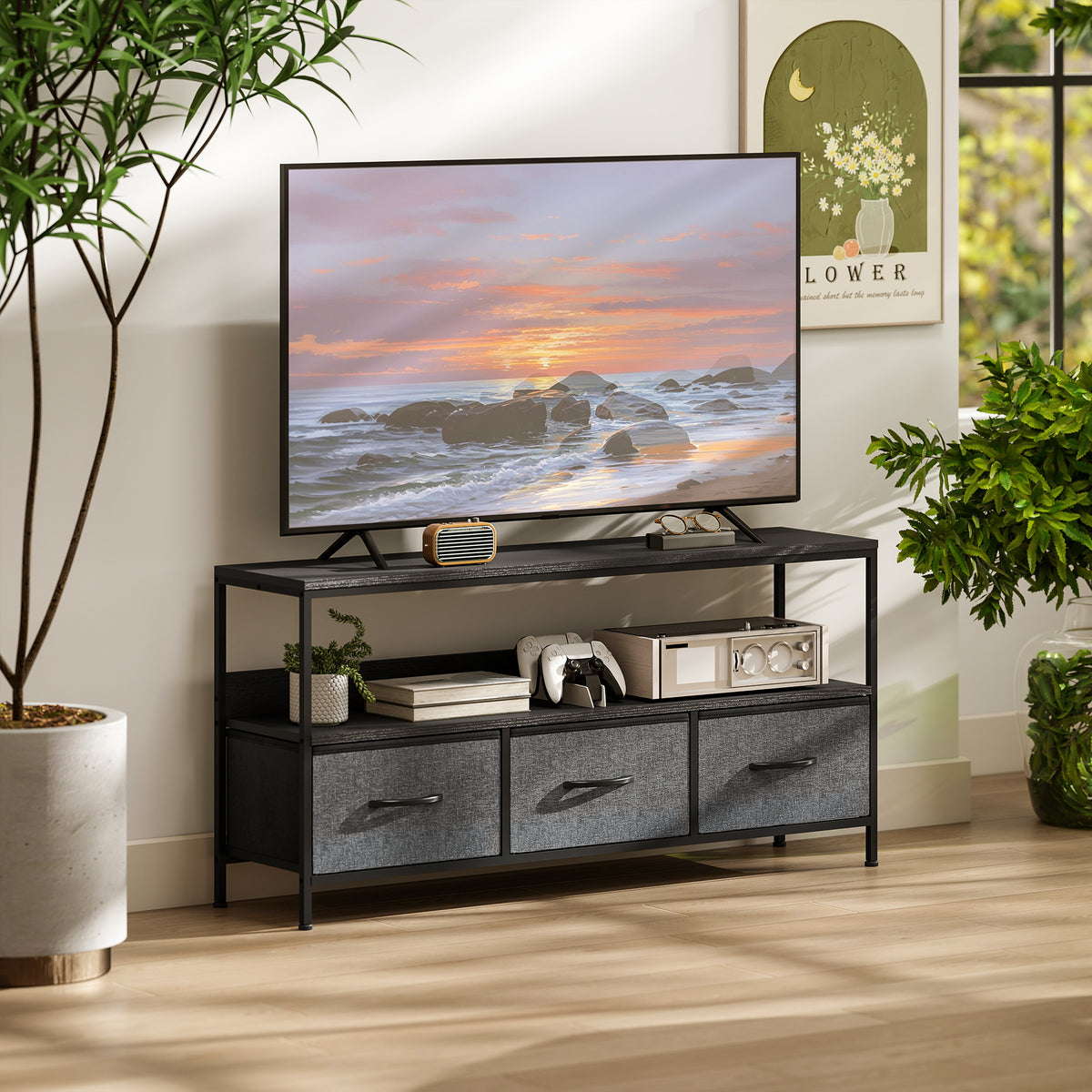 TV Stand Cabinet with 3 Foldable Drawers - Black