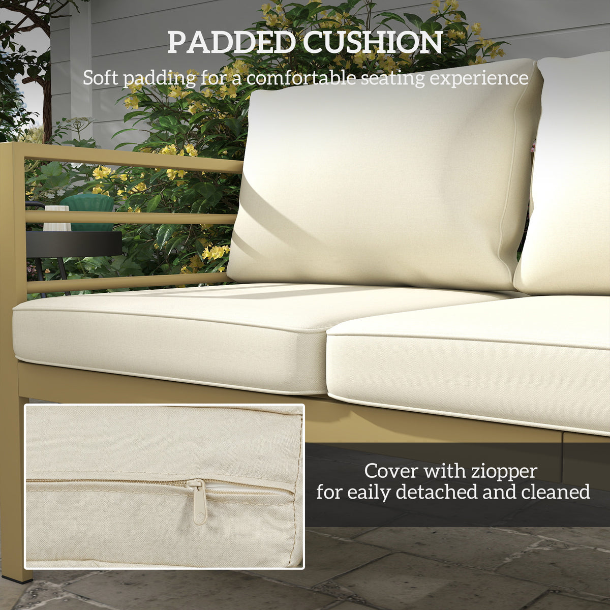 Garden Bench with Cushions, 3-Seater Sofa with Backrest, Armrest and Back Cushions, 185 x 66 x 64cm, Cream White