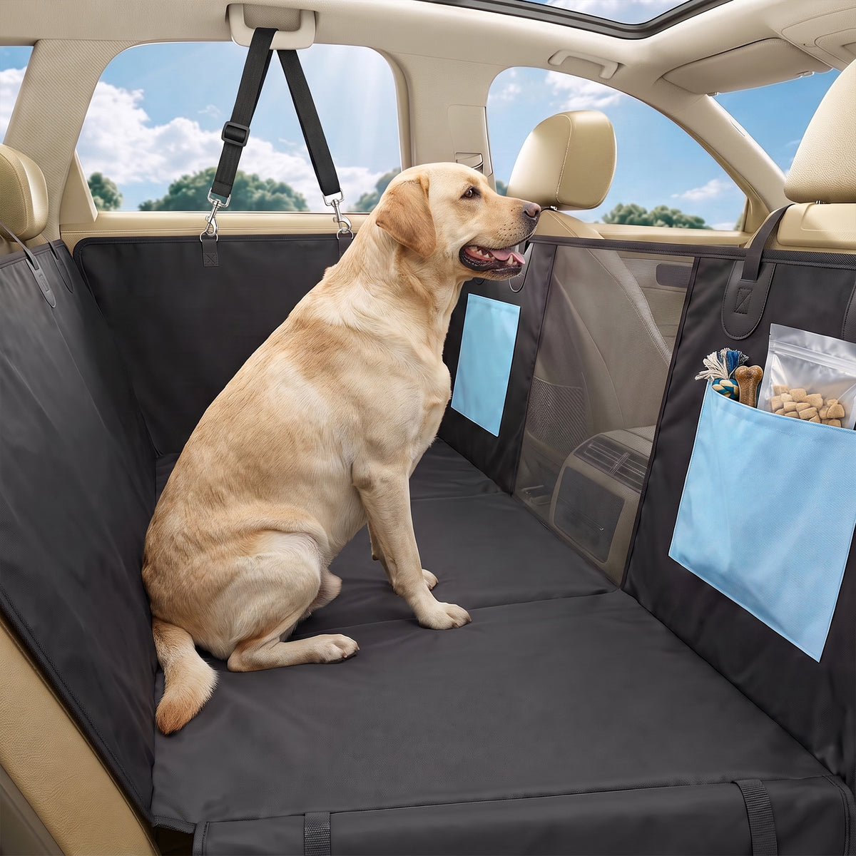 Dog Car Seat Cover, Waterproof Dog Travel Hammock w/ Non-Slip & Anti-Scratch Surface, Mesh Window and Pockets, Blue