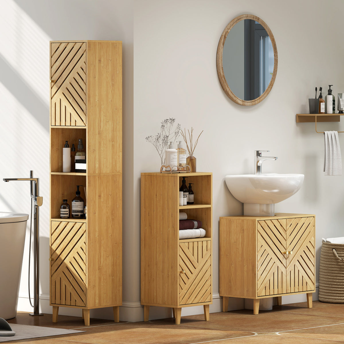 Multi-Storage Bamboo Door Bathroom Cabinet - Natural Finish