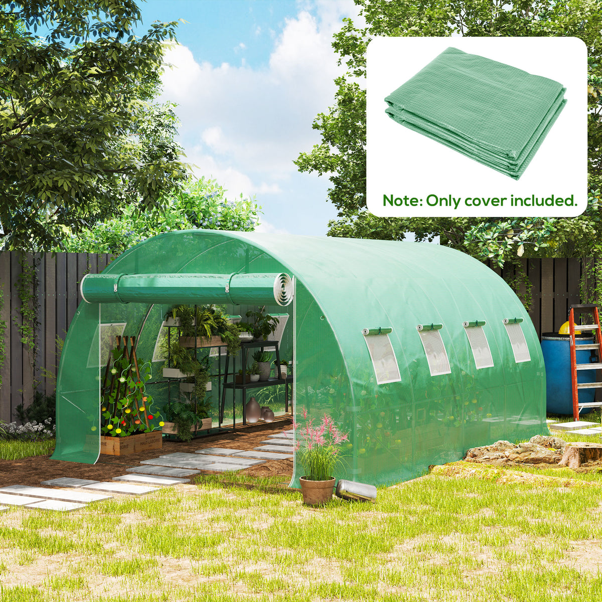 4 x 3 x 2m Polytunnel Greenhouse Replacement Cover ONLY Winter Garden Plant PE Cover for Tunnel Walk-in Greenhouse with Roll-up Windows Door Outdoor, Green