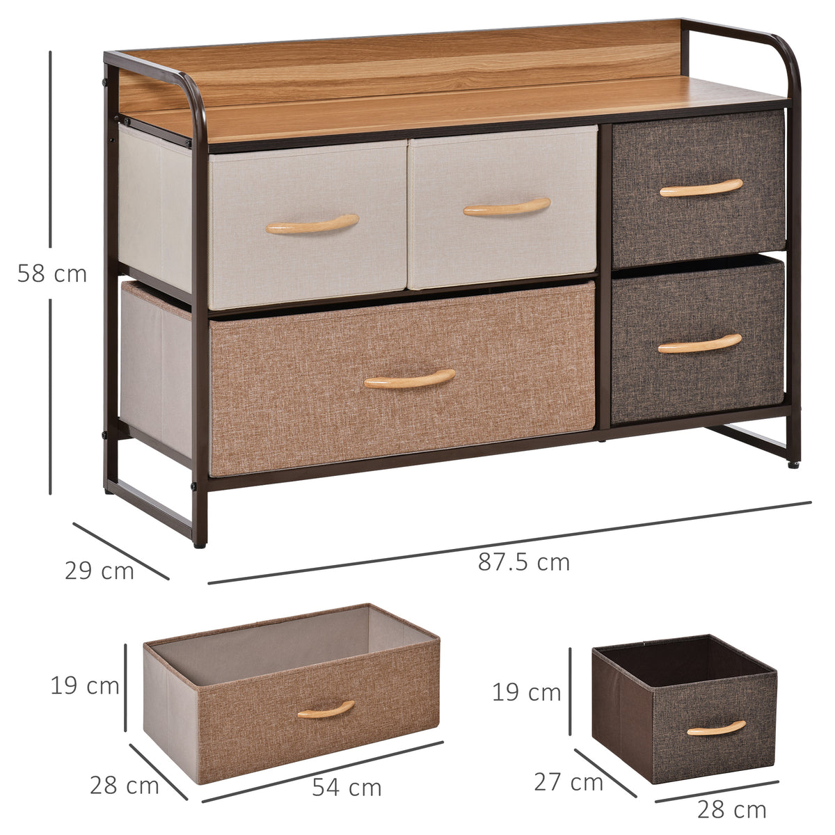 5-Drawer Dresser, 2-Tier Storage Organizer, Tower Unit for Bedroom Hallway Closets with Steel Frame Wooden Top