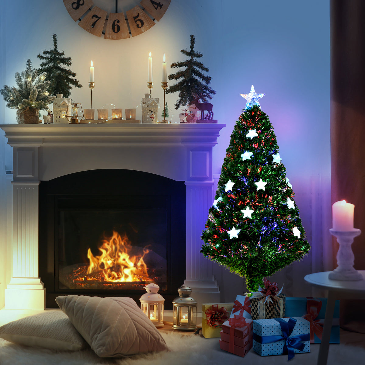 4FT Prelit Artificial Christmas Tree Fibre Optic Star LED Light Holiday Home Xmas Decoration with LED Light for Indoor Party, Green