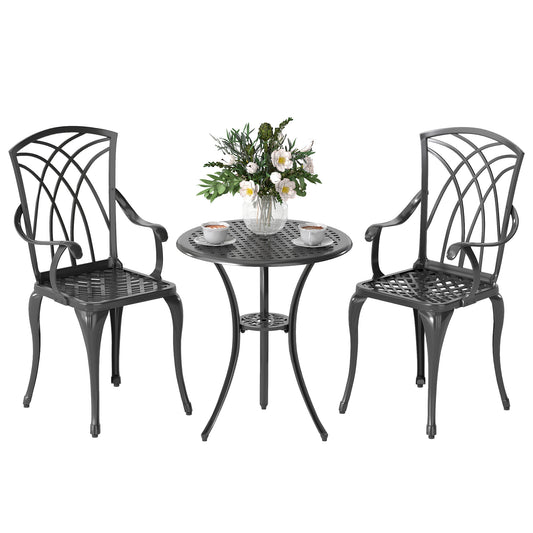 3 Pieces Garden Dining Set for 2, Cast Aluminium Outdoor Dining Set with 2 Armchairs and Round Dining Table with Parasol Hole, Garden Furniture Bistro Set