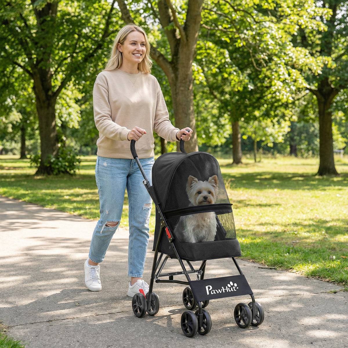 Dog Stroller, Foldable Cat Dog Pram for Miniature Breeds, Pet Stroller with Brake, Mesh Windows