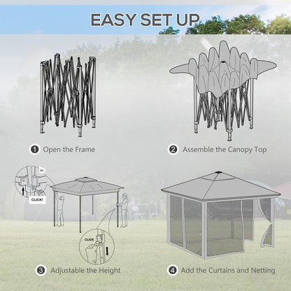 3.36 x 3.36m Pop Up Gazebo Party Tent with Solar-Powered LED Lights, Adjustable Event Shelter with Netting, Grey
