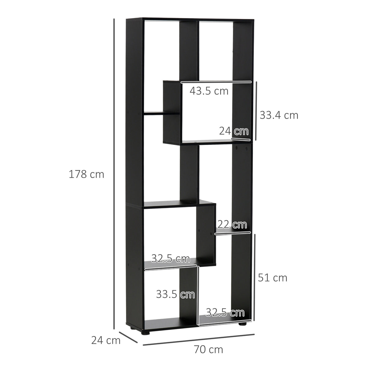 8-Tier Freestanding Bookcase w/ Melamine Surface Anti-Tipping Foot Pads Home Display Storage Grid Stand Bedroom Living Room Furniture Modern Style - Black