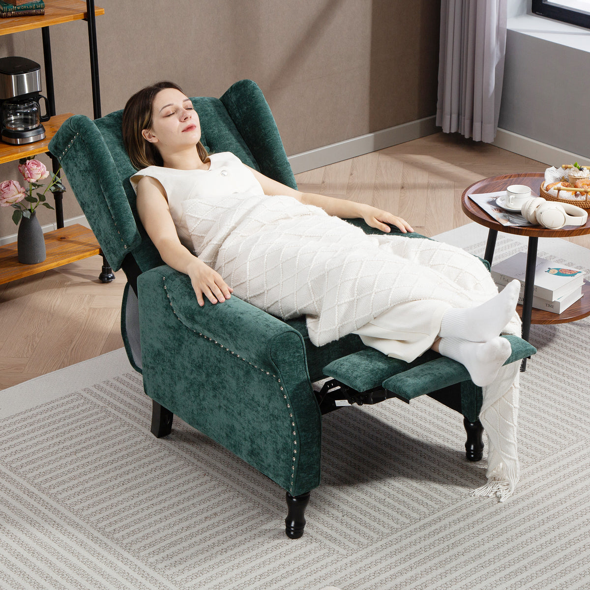 150° Reclining Vintage Armchair, with footrest - Dark Green