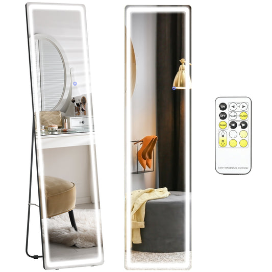 Full-Length Mirror, 160 x 40 cm, Wall Mounted, Freestanding Floor Mirror with LED Lights and Remote Control, Dimming & 3 Colour Modes, for Bedroom, Black