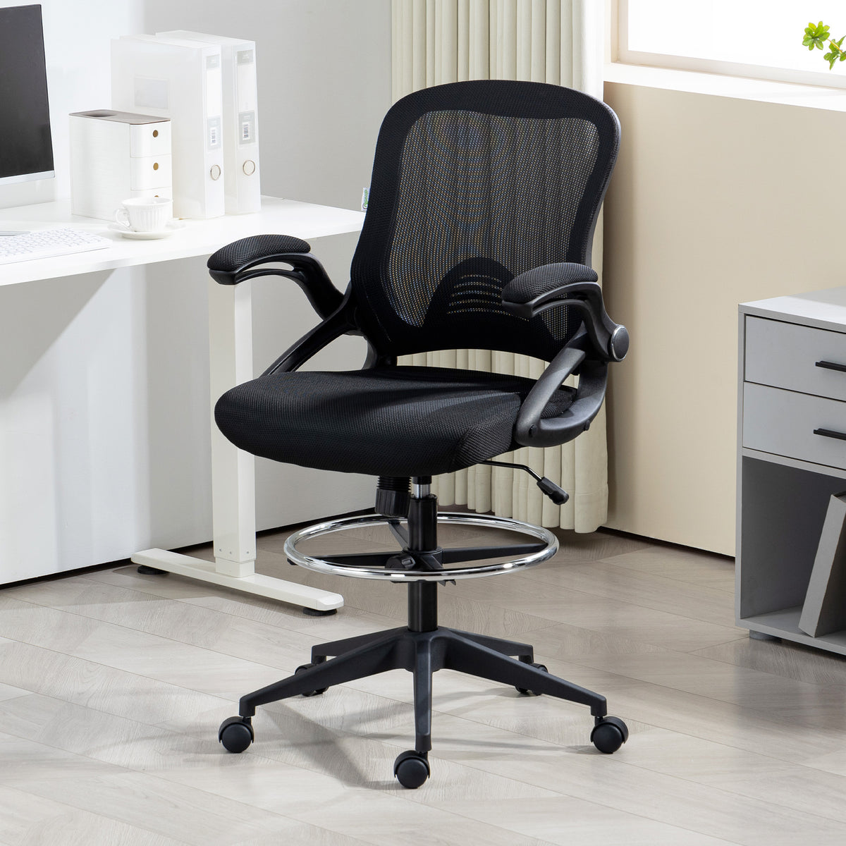 Drafting Chair with Flip-up Armrest, Mesh Office Stool with Foot Ring, 360 Degree Swivel Height Adjustable Chair for Standing Desk, Black