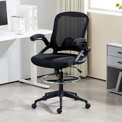Drafting Chair with Flip-up Armrest, Mesh Office Stool with Foot Ring, 360 Degree Swivel Height Adjustable Chair for Standing Desk, Black