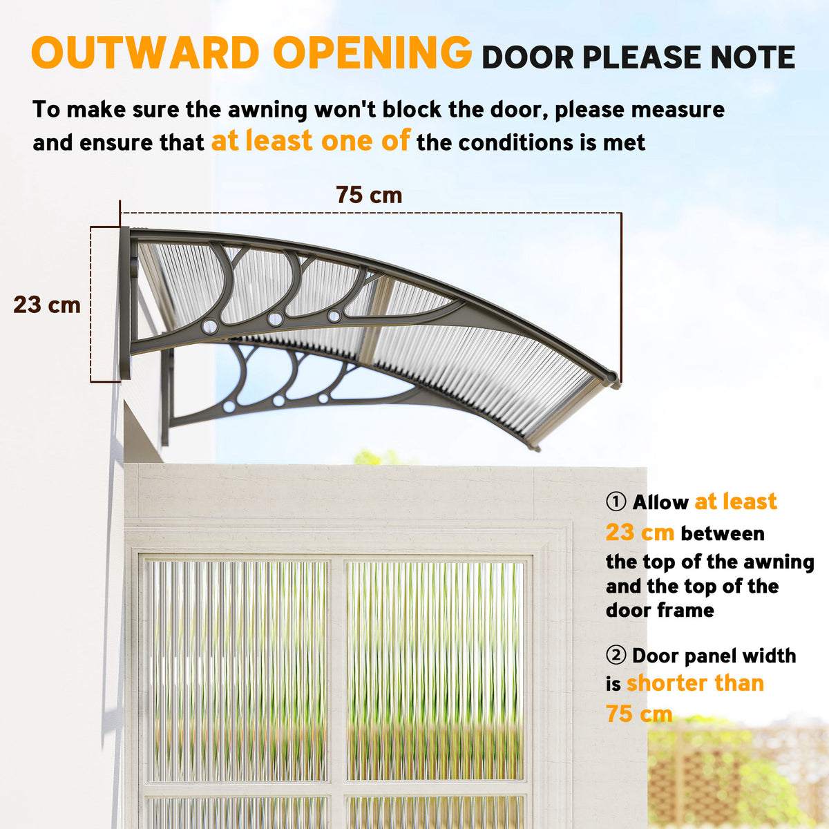 Front Door Canopy Outdoor Awning Aluminium Rigid Plastic Polycarbonate Rain Shelter UV Water Rain Resistant 100 x 75cm Clear