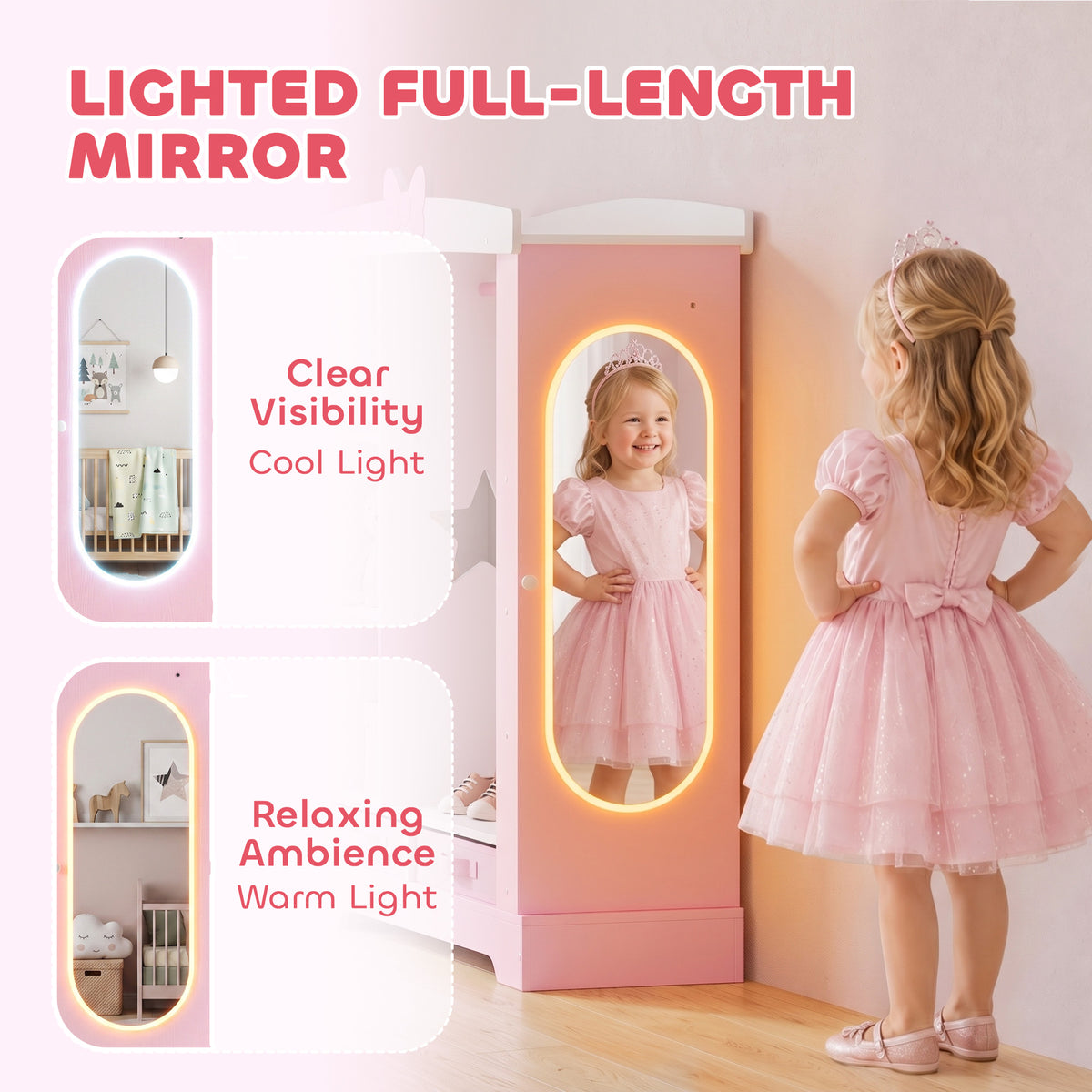 Kids Wardrobe with Lighted Mirror, Clothes Rail, Jewelry Cabinet, Shelves, Storage Boxes for Bedroom, Nursery, Pink