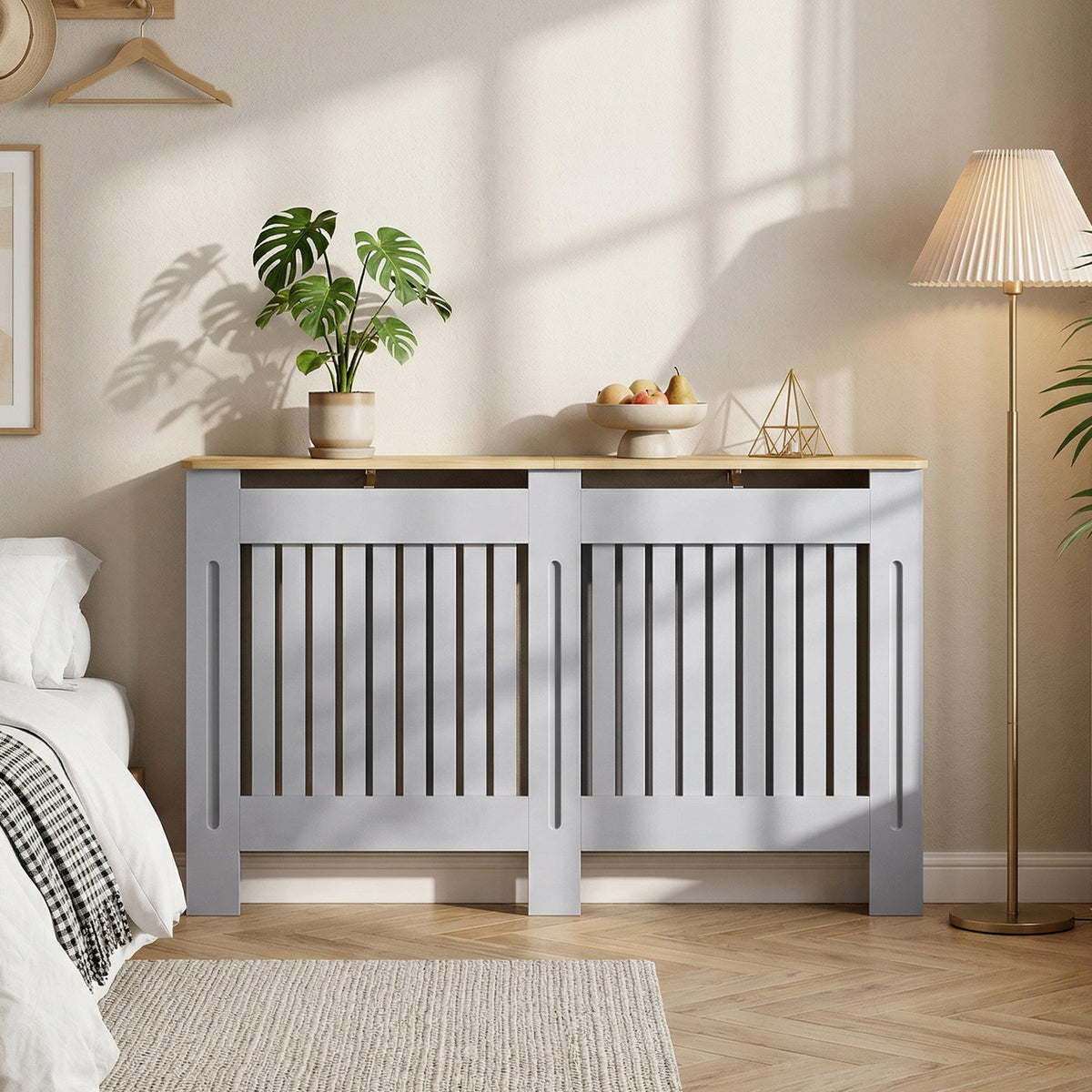 Slatted Radiator Cover, Painted Cabinet with Line Grill Design, 152W × 19D × 81H cm, Grey