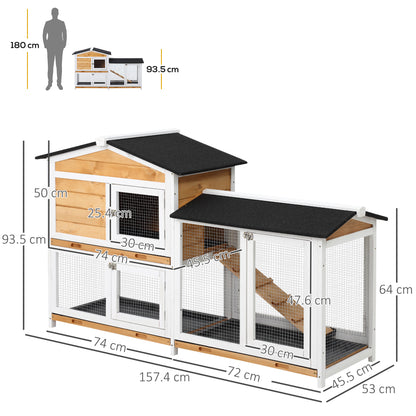 2 Tier Rabbit Hutch with No-leak Plastic Trays Wooden Guinea Pig Hutch with Run, Yellow