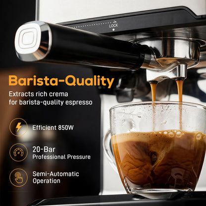 Espresso Machine, 20-Bar Cappuccino Coffee Maker with Frother Wand, 1.6L Tank, Single/Double/Manual Shot, LED Touch