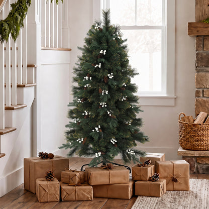5ft Artificial Christmas Tree, Fir Hinged Xmas Tree with 490 Branch Tips, Foldable Metal Stand, Easy Assembly, Green