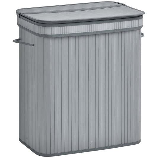 100L Natural Wood Laundry Basket A Compartment w/Flip Lid Removable Lining Handles Board Base Foldable Durable Water-Resistant Dirty Clothes Storage Home Organisation Grey