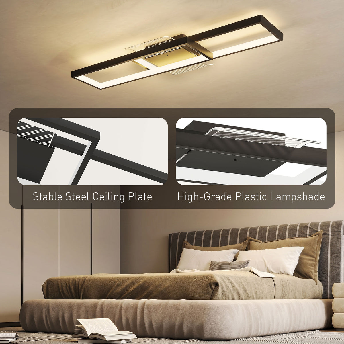 LED Ceiling Light, Modern Dimmable Ceiling Light with Wall Switch & Remote Control, Flush Mount Fixture Lamp with 3000-6000K Colour Temperatures for Living Room, Bedroom, Black