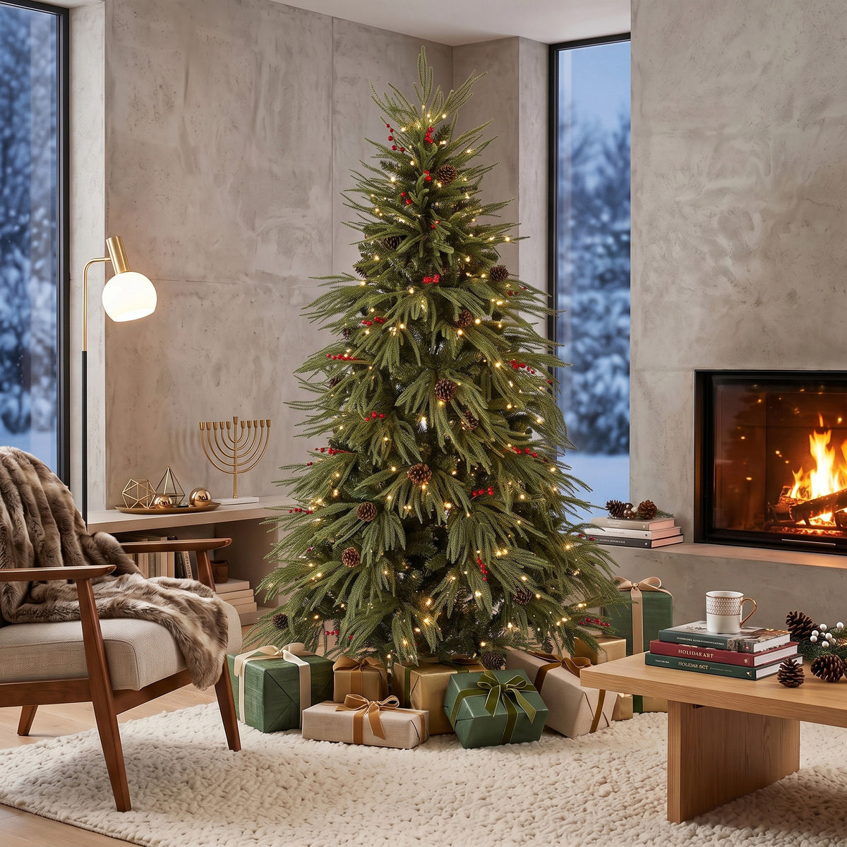6ft Artificial Christmas Tree with Pinecones, Red Berries, Hinged Predecorated Xmas Tree with 2843 Branch Tips