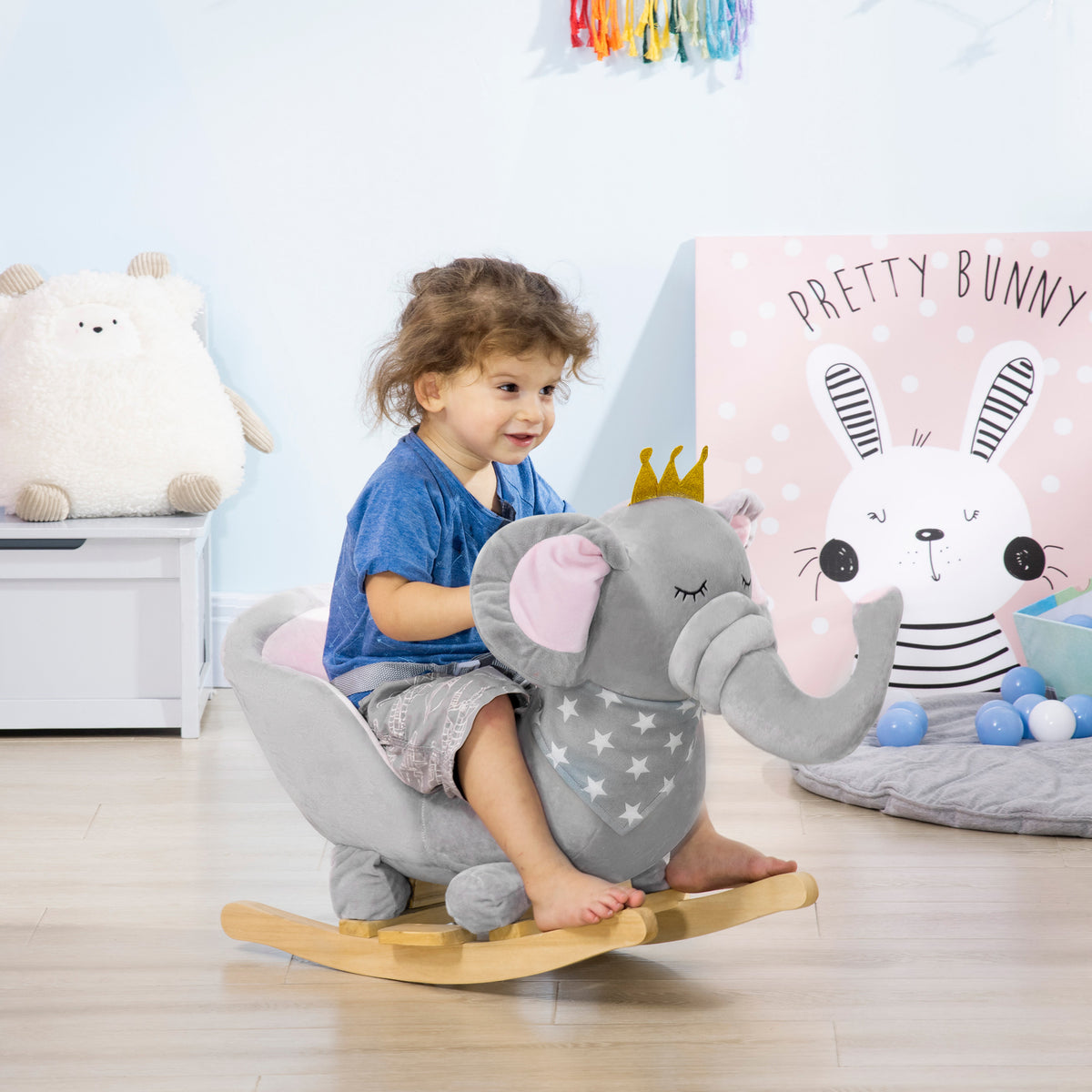 Kids Elephant-Designed Rocking Horse, with Safety Belt, Wooden Base, for Ages 18-36 Months - Grey