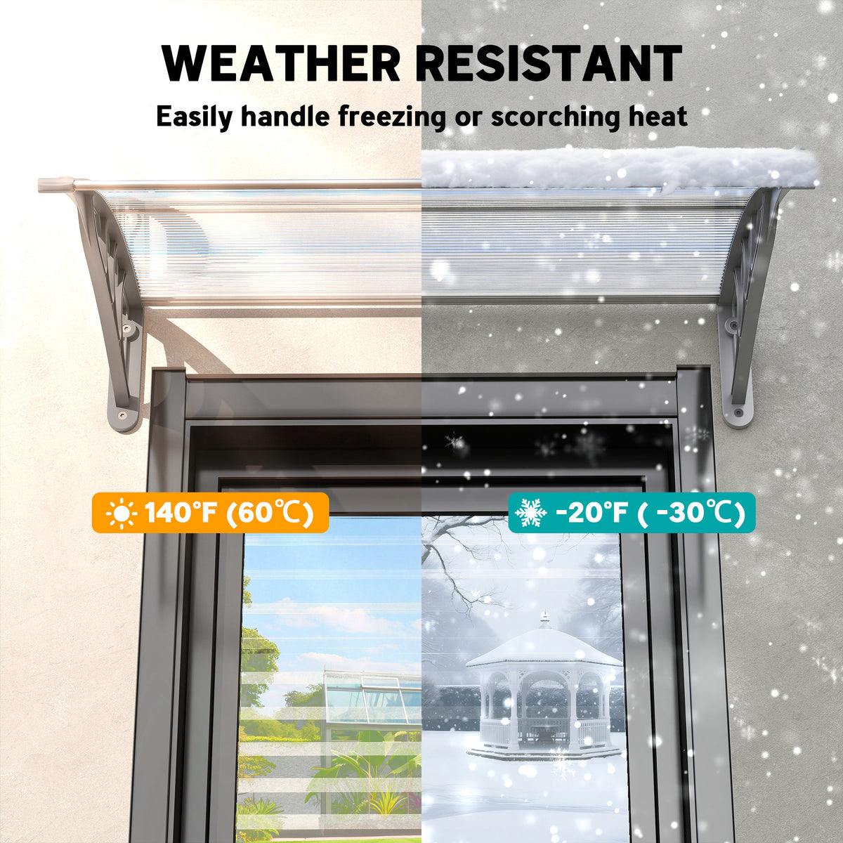 Front Door Canopy Outdoor Awning Aluminium Rigid Plastic Polycarbonate Rain Shelter UV Water Rain Resistant 100 x 75cm Clear