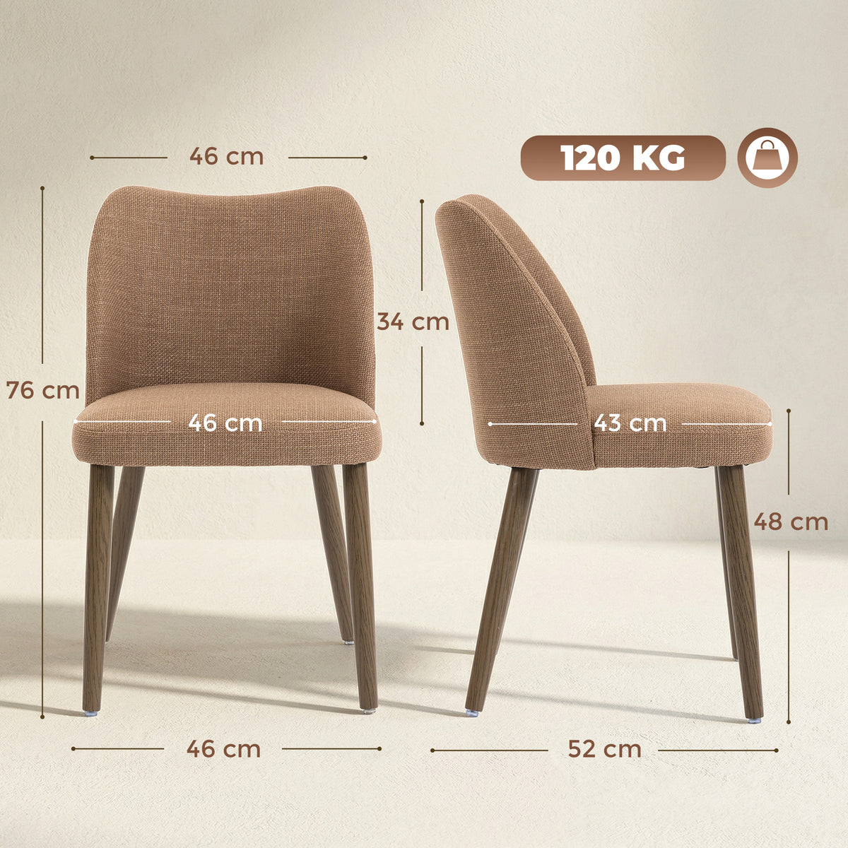 Dining Chairs Set of 2, Linen Upholstered Kitchen Chairs with Padded Seat, Curved Backrest, Rubberwood Legs